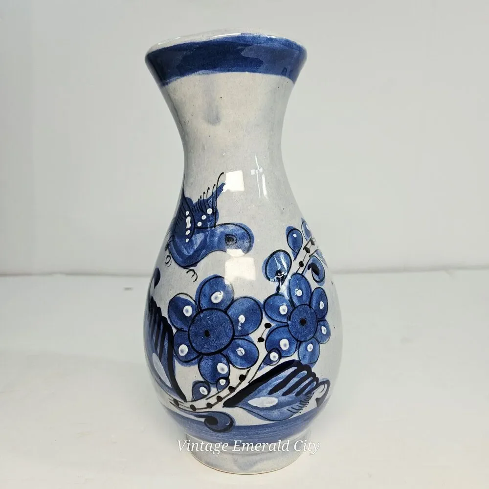 Vtg Tonalá Mexico Pottery Vase Signed AJM Hand-Painted Blue Bird Folk Art